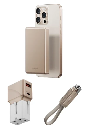 Energea X Bazic Travel Kit Universal TravelWorld 25W Adaptör AluPac 10.000 mAh Powerbank ve AluCable 15 CM 60W USB to Lightning Kablolu Set Travel Çanta - Gold