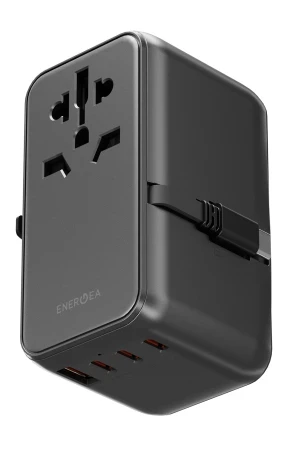 Energea TravelWorld Universal GaN85 3 Adet 70W Type-C 1 Adet 70W 80 CM Dahili Type-C Kablolu ve 1 Adet 60W USB 3.0 Çıkışlı PD Hızlı Şarj Aleti - Koyu Gri