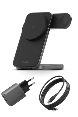 Energea Essential Kit AmpCharge GaN 35W Adaptör Magtrio Plus 3in1 Kablosuz Şarj Standı ve 100W Type-C to Type-C Manyetik Kablolu Set Travel Çanta - Koyu Gri 