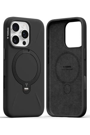Torras Apple iPhone 16 Pro Max O Stand Spin Silicone Serisi Magsafe Kılıf - Siyah