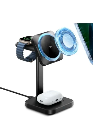 ESR Qi2 CryoBoost 3in1 Telefon, Saat ve Airpods İçin Magsafe Destekli Masaüstü Şarj Seti - Siyah